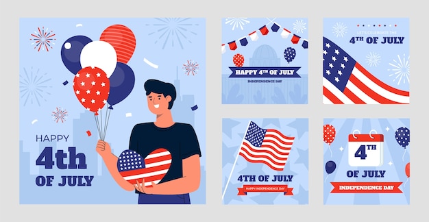 Free vector flat instagram posts collection for american 4th of july celebration