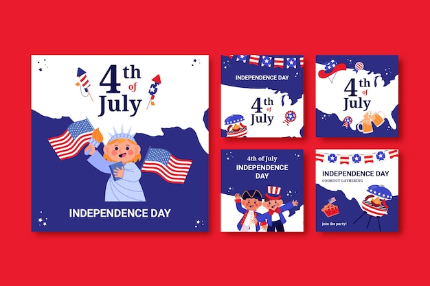 Flat instagram posts collection for american 4th of july holiday celebration