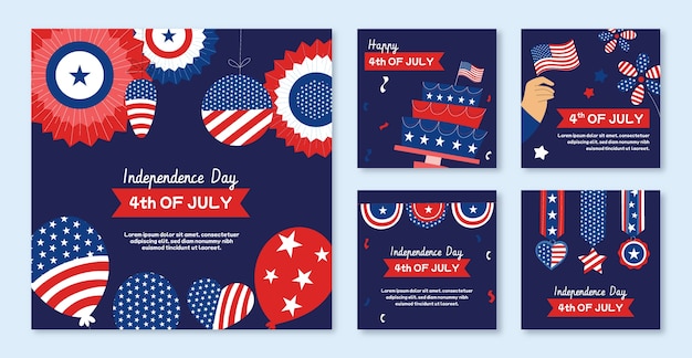 Free vector flat instagram posts collection for american 4th of july holiday celebration