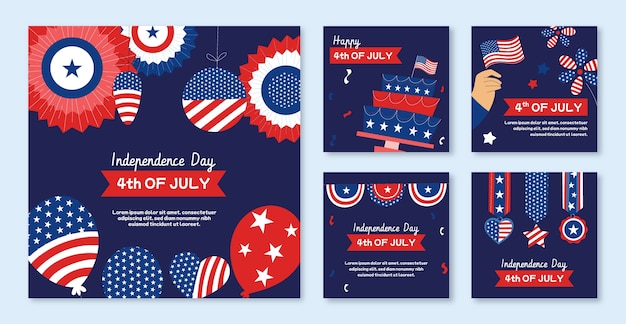 Flat instagram posts collection for american 4th of july holiday celebration