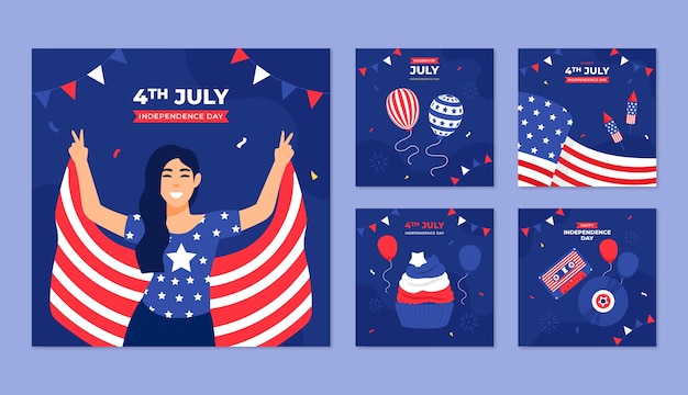 Free vector flat instagram posts collection for american 4th of july holiday celebration