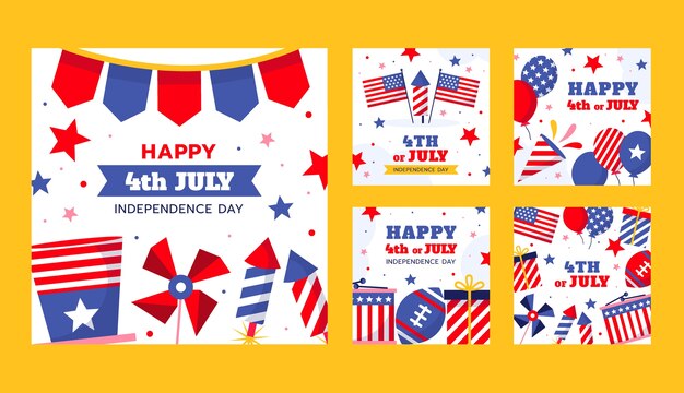 Flat instagram posts collection for american 4th of july holiday celebration