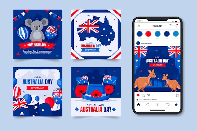 Free vector flat instagram posts collection for australian national day