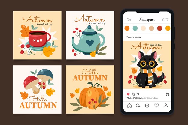 Free vector flat instagram posts collection for autumn celebration