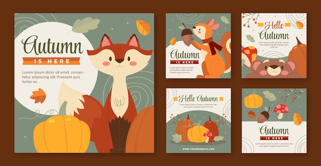 Free vector flat instagram posts collection for autumn celebration