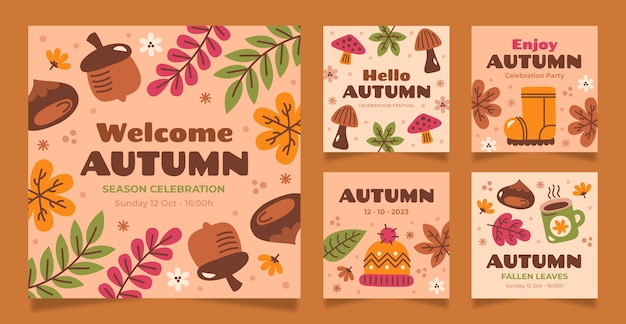 Free vector flat instagram posts collection for autumn celebration