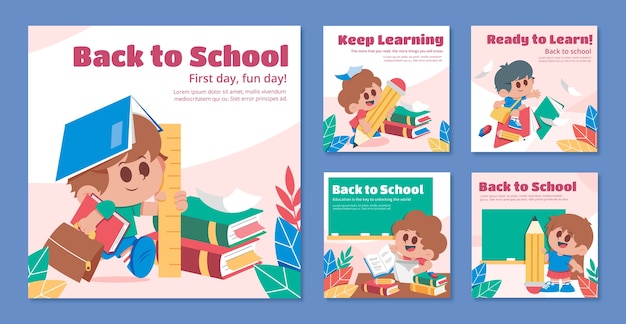 Free vector flat instagram posts collection for back to school season