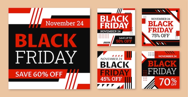 Vettore gratuito raccolta di post piatti su instagram per i saldi del black friday