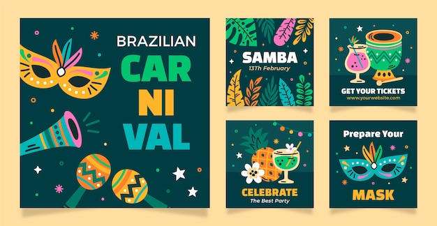 Free vector flat instagram posts collection for brazilian carnival celebration