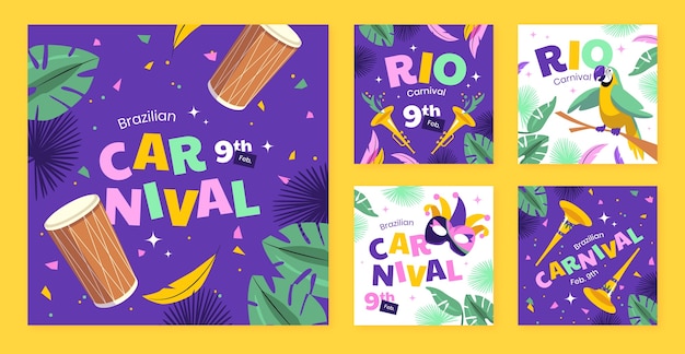Flat instagram posts collection for brazilian carnival celebration