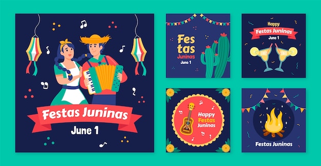 Vettore gratuito collezione di post instagram piatti per la celebrazione brasiliana delle feste juninas