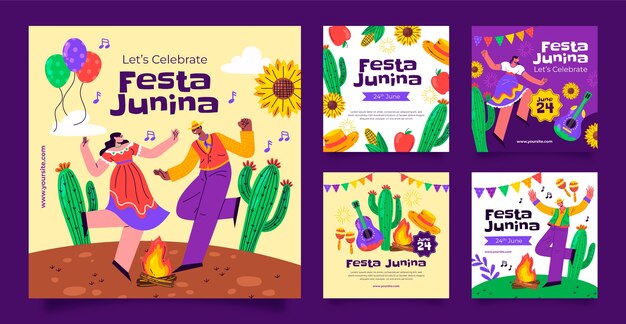 Flat instagram posts collection for brazilian festas juninas celebration