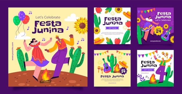 Flat instagram posts collection for brazilian festas juninas celebration