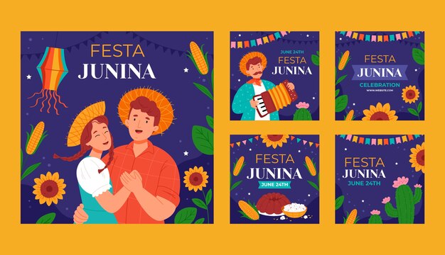 Плоская коллекция постов в instagram для празднования бразильских фестивалей festas juninas