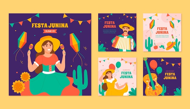 Flat instagram posts collection for brazilian festas juninas celebration