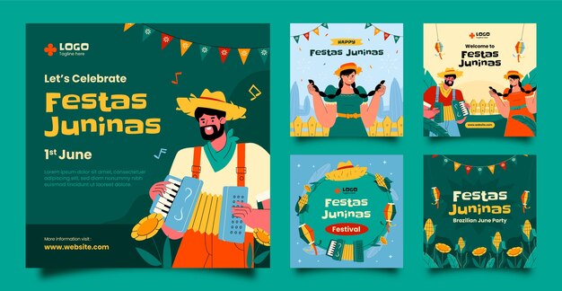 Плоская коллекция постов в instagram для празднования бразильских фестивалей festas juninas