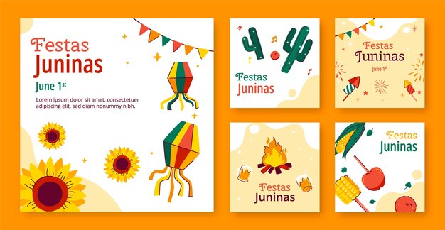 Free vector flat instagram posts collection for brazilian festas juninas celebration