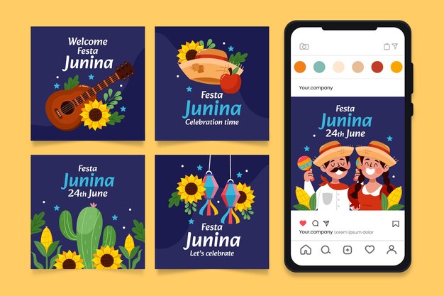 Flat instagram posts collection for brazilian festas juninas celebrations