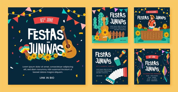 Flat instagram posts collection for brazilian festas juninas celebrations