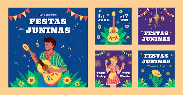 Flat instagram posts collection for brazilian festas juninas celebrations