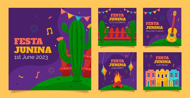 Плоская коллекция постов в instagram для празднования бразильских фестивалей festas juninas