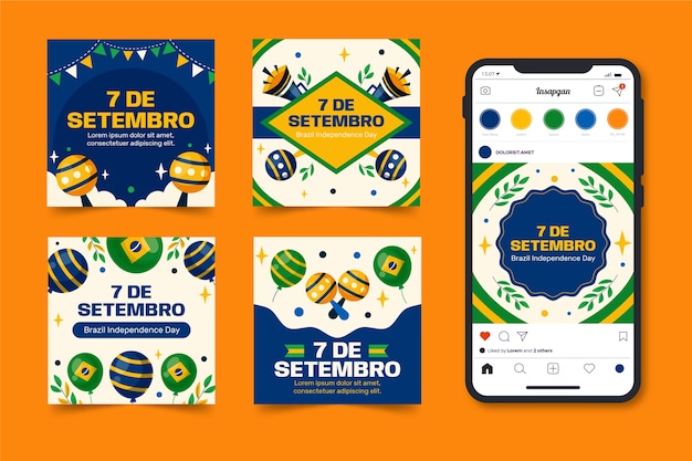 Vettore gratuito collezione di post instagram piatti per la celebrazione del giorno dell'indipendenza brasiliana