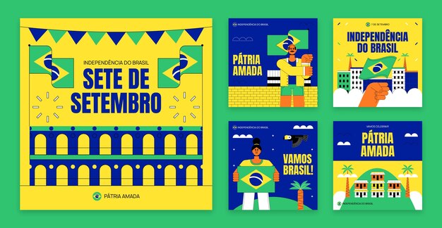 Flat instagram posts collection for brazilian independence day celebration