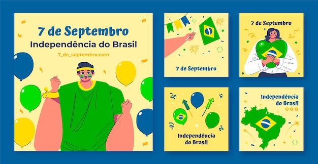 Vettore gratuito collezione di post flat su instagram per la celebrazione del giorno dell'indipendenza brasiliana