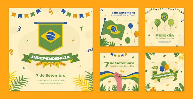 ブラジル独立記念日のお祝いのためのフラットなインスタグラム投稿コレクション