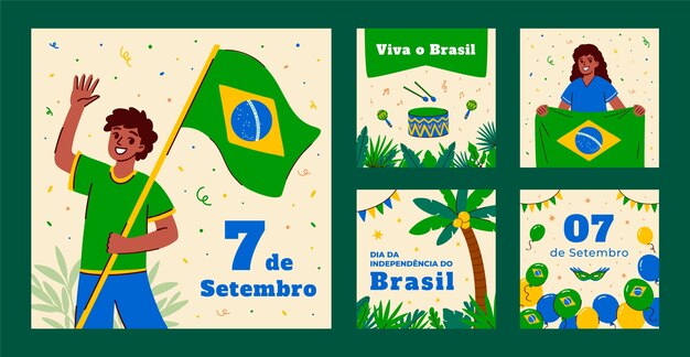 ブラジル独立記念日のお祝いのためのフラットなインスタグラム投稿コレクション