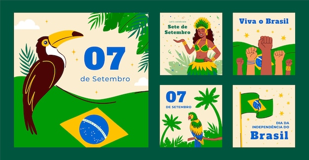 Vettore gratuito collezione di post instagram piatti per la celebrazione del giorno dell'indipendenza brasiliana