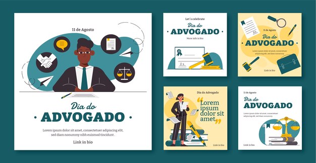 Плоская коллекция постов в instagram для празднования дня бразильского юриста