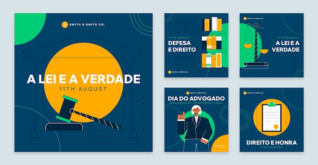 Плоская коллекция постов в instagram для празднования дня бразильских юристов