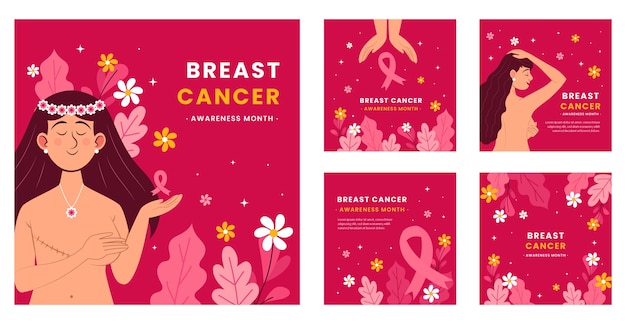 Flat instagram posts collection for breast cancer awareness month