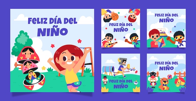 스페인어로 된 어린이날 축하를 위한 플랫 인스타그램 게시물 모음