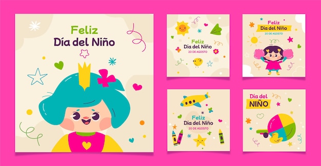 Flat instagram posts collection for children's day celebration in spanish