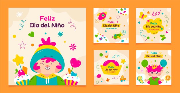 Flat instagram posts collection for children's day celebration in spanish