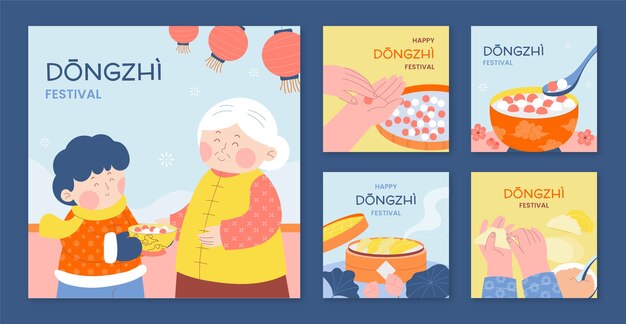 Flat instagram posts collection for chinese dongzhi festival celebration