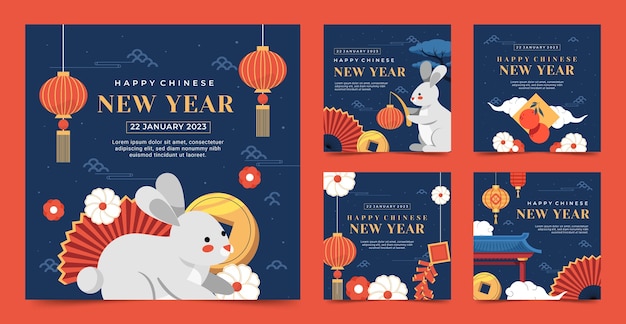 Free vector flat instagram posts collection for chinese new year celebration