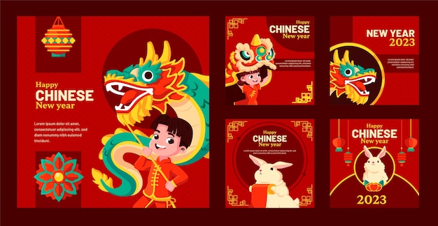 Плоская коллекция постов в instagram для фестиваля китайского нового года