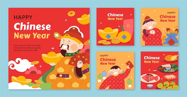 Плоская коллекция постов в инстаграме на китайский фестиваль Нового года