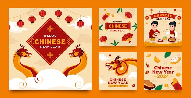 Flat instagram posts collection for chinese new year festival