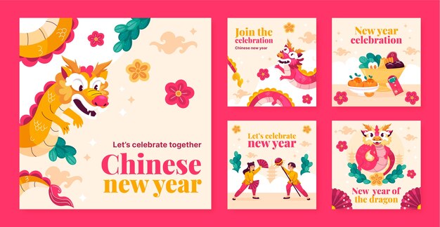 Flat instagram posts collection for chinese new year festival