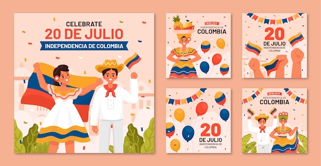 Flat instagram posts collection for colombian independence day celebration