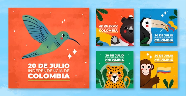 Vettore gratuito collezione di post instagram piatti per la celebrazione del giorno dell'indipendenza colombiana