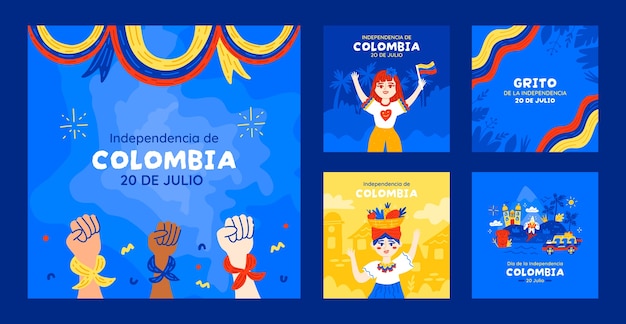 Free vector flat instagram posts collection for colombian independence day celebration