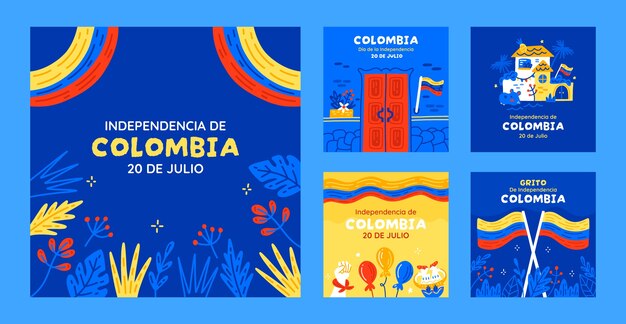 Flat instagram posts collection for colombian independence day celebration