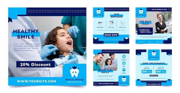 Плоская коллекция постов в instagram для бизнеса стоматологической клиники