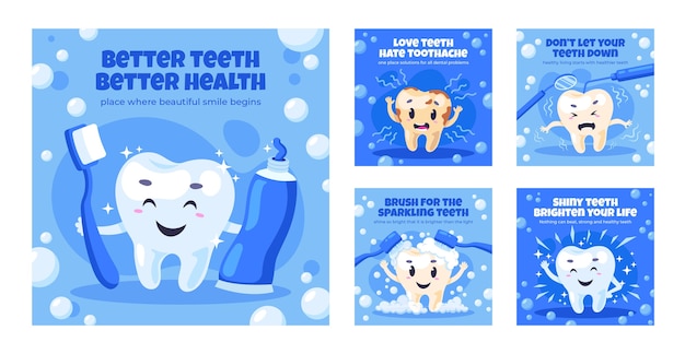 Free vector flat instagram posts collection for dental clinic business