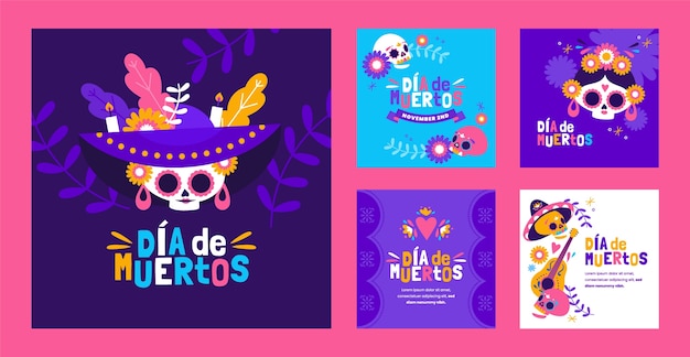 Flat instagram posts collection dia de muertos celebration